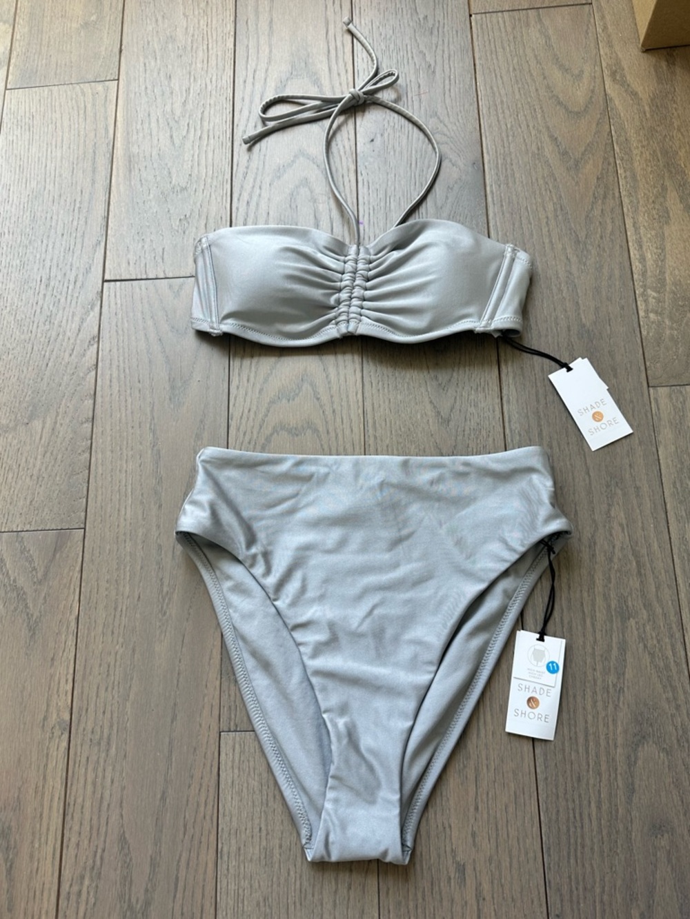 Shade & Shore Metallic Silver Ruched Bandeau Bikini Set